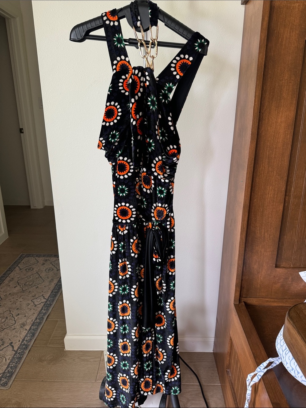 Paco Rabanne Black Velvet Maxi Dress with Orange and Green Floral Medallions